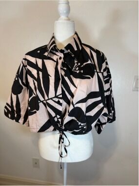Women's JUCCA Black & Pink Floral Button Down Shirt S. Boxy, dolman drawstring
